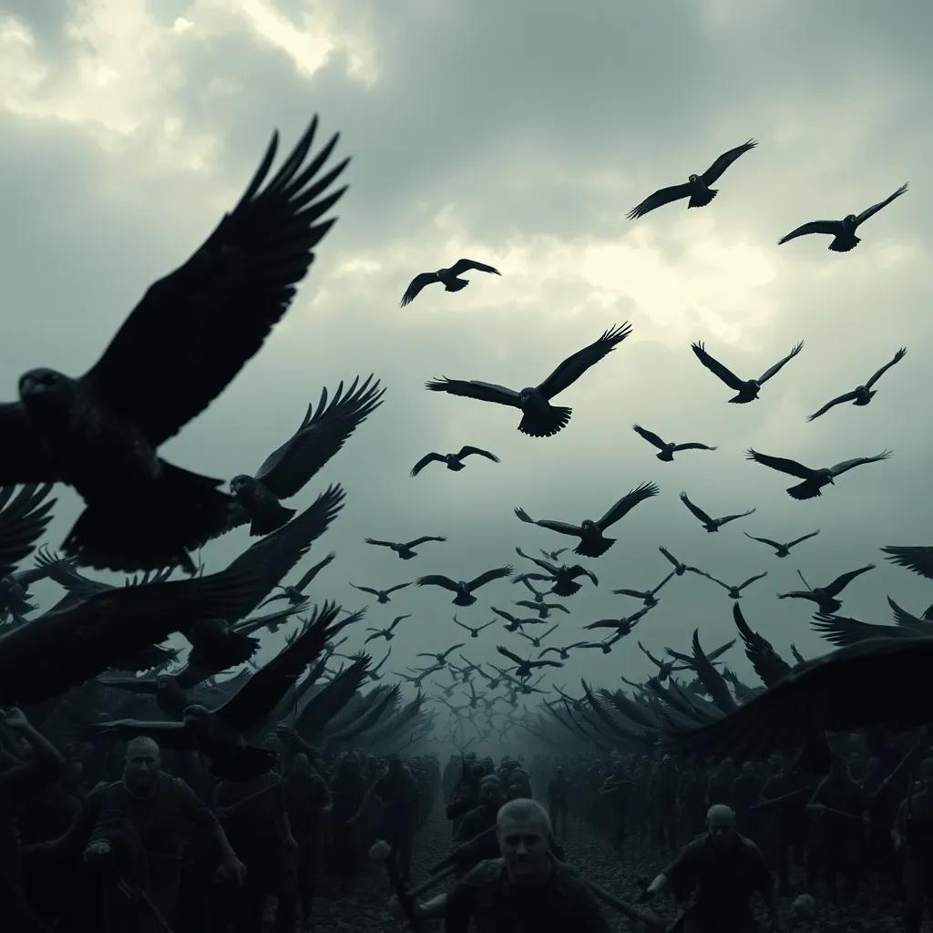 The sky darkening with massive birds flying, each carrying small stones, heading towards Abraha's army, a dramatic and bold scene, dynamic angles, dark colors, high contrast, high quality