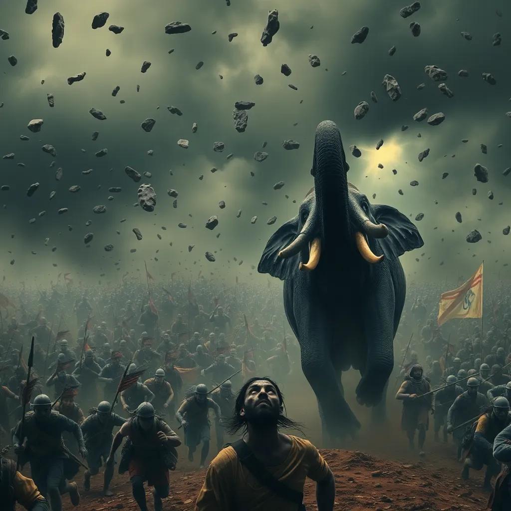 The chaos of the battlefield, soldiers running in panic and stones falling from the sky, a terrified Abraha looking up with his elephant in the foreground, chaotic scene, dark and moody colors, high quality