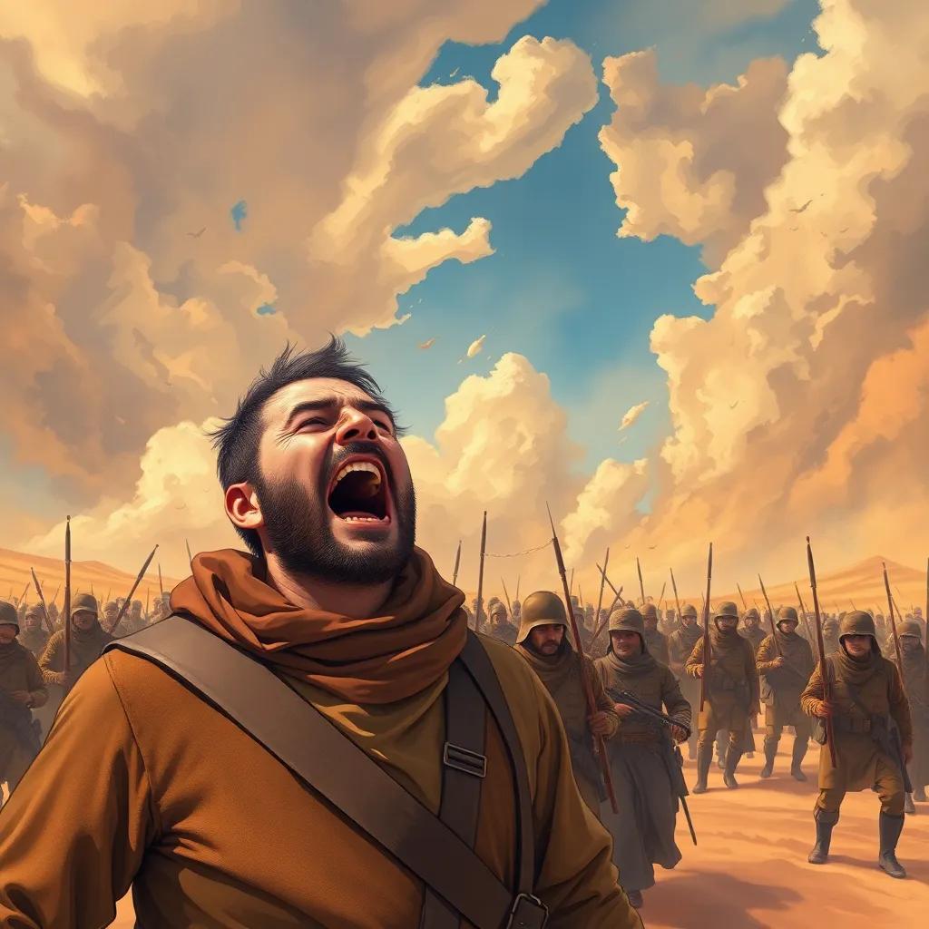A brave soldier yelling about God's power, with other soldiers in the background in disarray, desert sky full of turmoil, illustration, historical atmosphere, intense colors, high quality