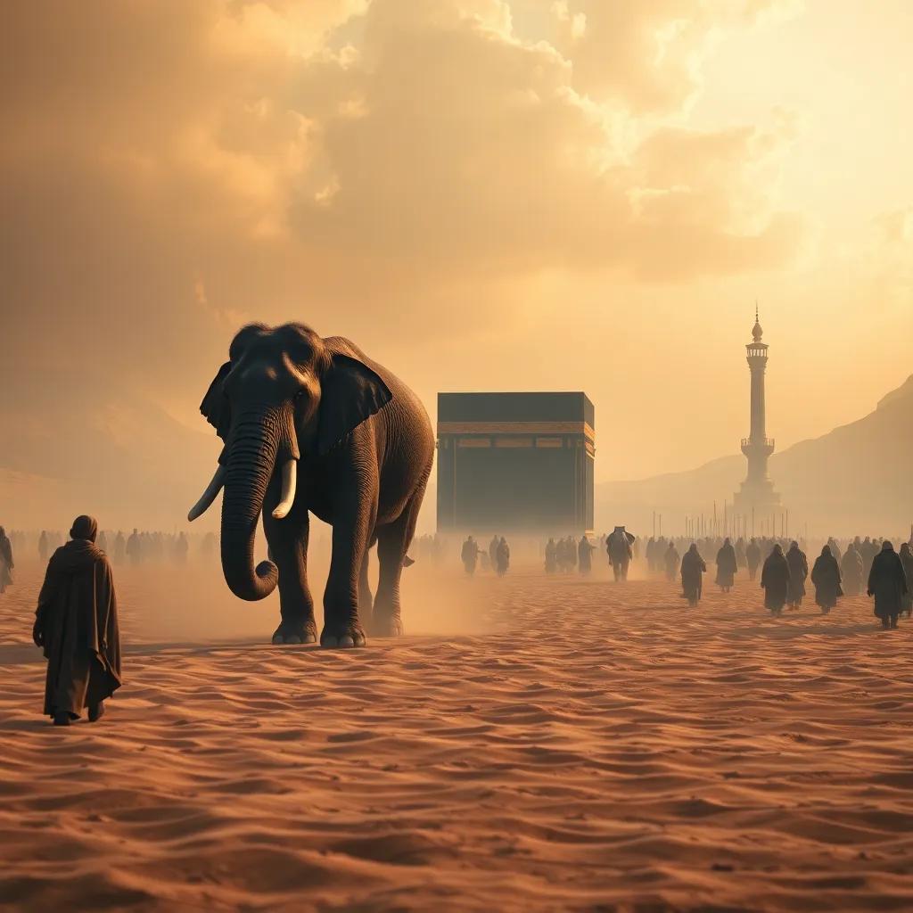 The aftermath of the battle with Abraha and his elephant leaving the scene, sand settling down, and the Holy Kaaba standing strong in the distance, peaceful ending, soft warm colors, hopeful light, high quality
