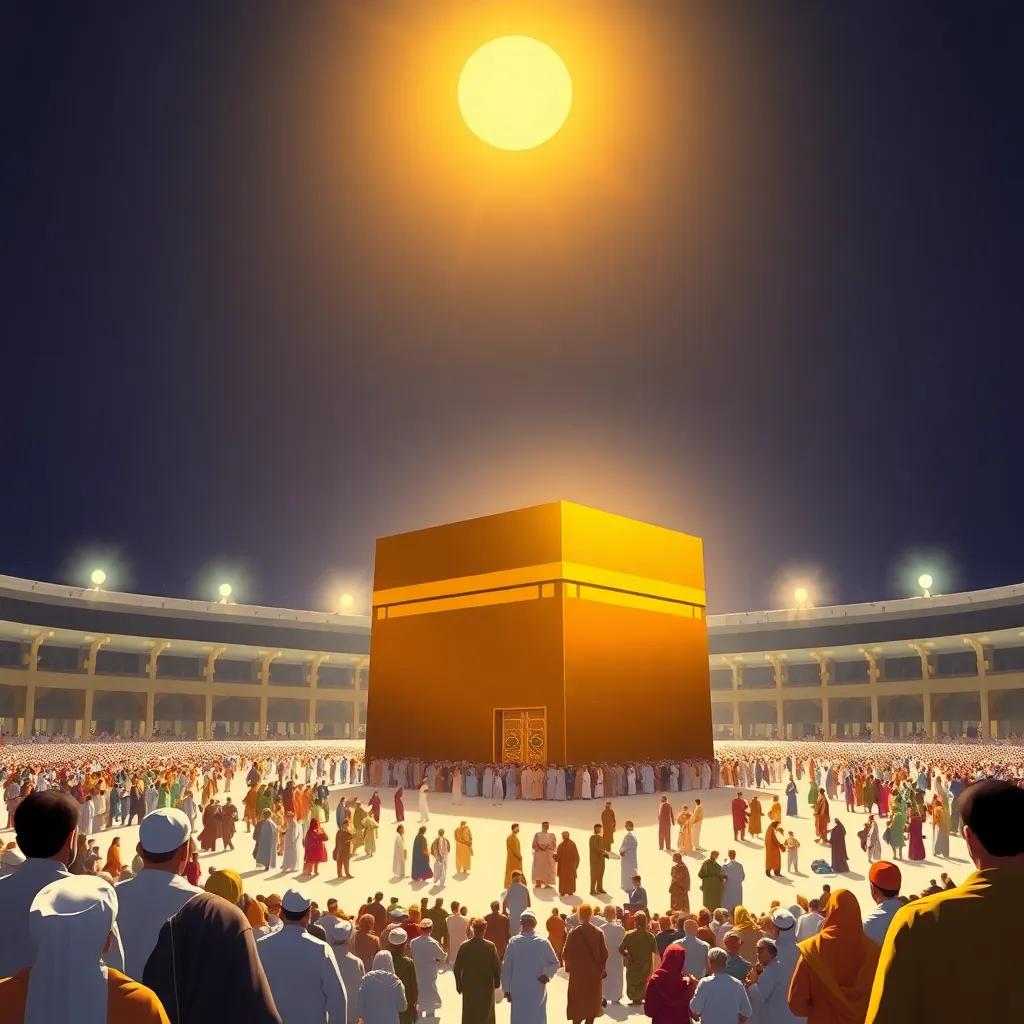 The Kaaba with a golden hue under the sun, surrounded by worshippers from different cultures, a symbol of faith and unity, bright and welcoming atmosphere, illustration, colorful, high quality