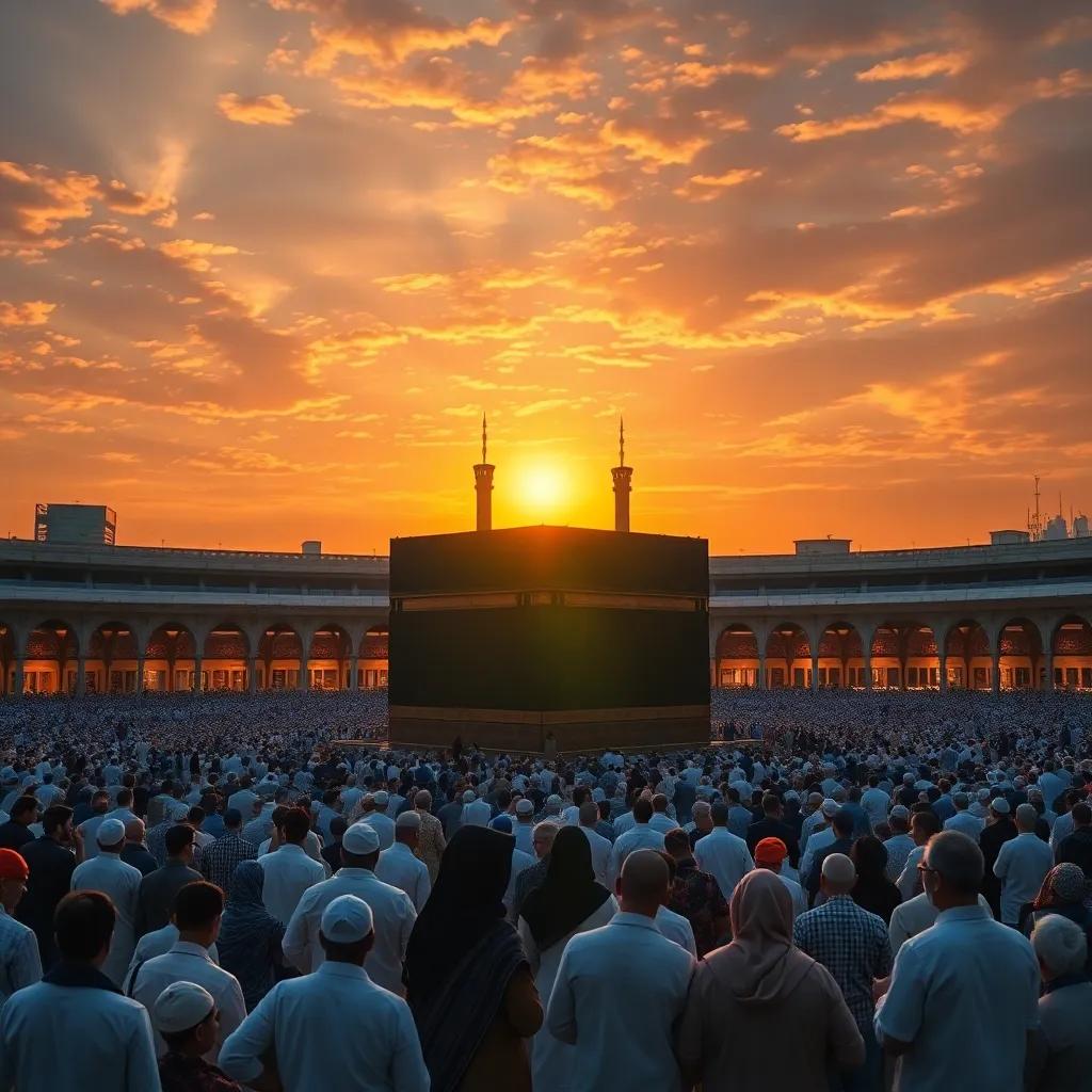 A beautiful sunset with people gathering around the Kaaba, praying and feeling safe, the sky glowing with warm colors, family-friendly scene, inspirational, high quality