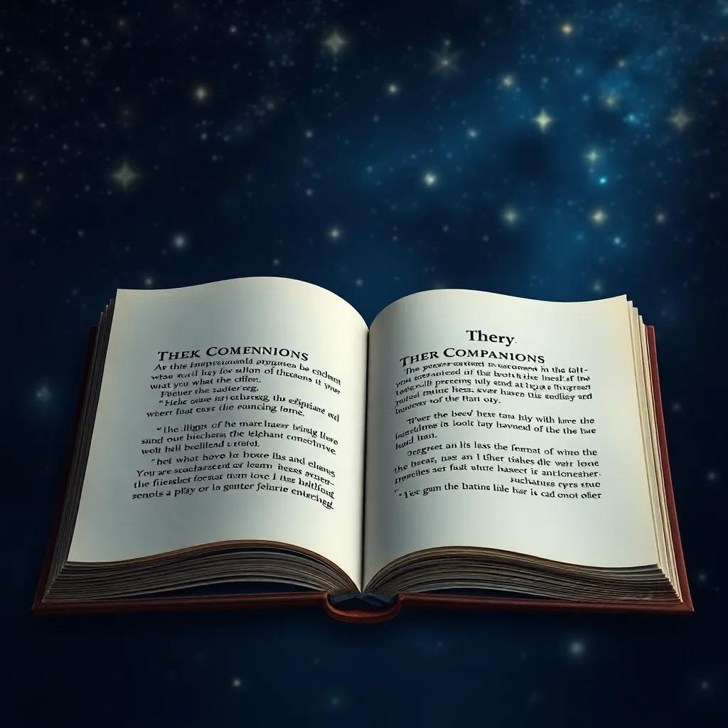 An open book with the story of the Elephant Companions written, surrounded by stars in the night sky, magical feel, storytelling atmosphere, whimsical design, high quality