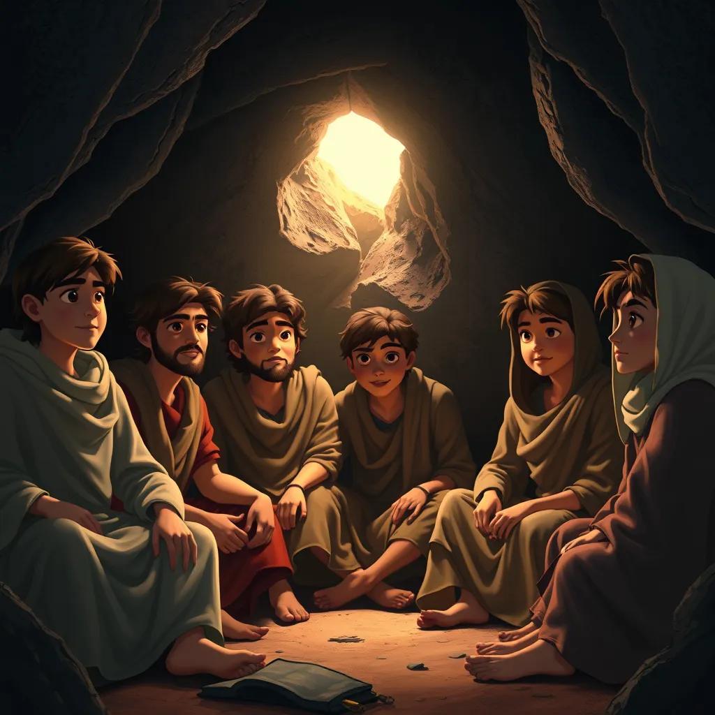 A group of young believers, dressed in ancient garments, sitting together in a dark cave, light shining from a small opening, looking determined and hopeful, digital art, warm tones, peaceful atmosphere, high quality