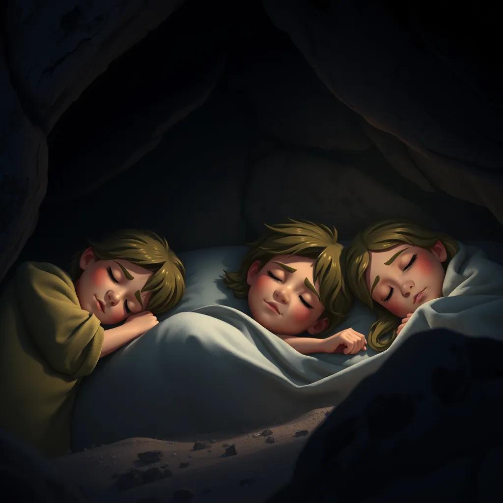 A group of young believers sleeping peacefully in the cave, surrounded by darkness, light filtering through and illuminating their faces, digital painting, soft light, serene expression, high quality