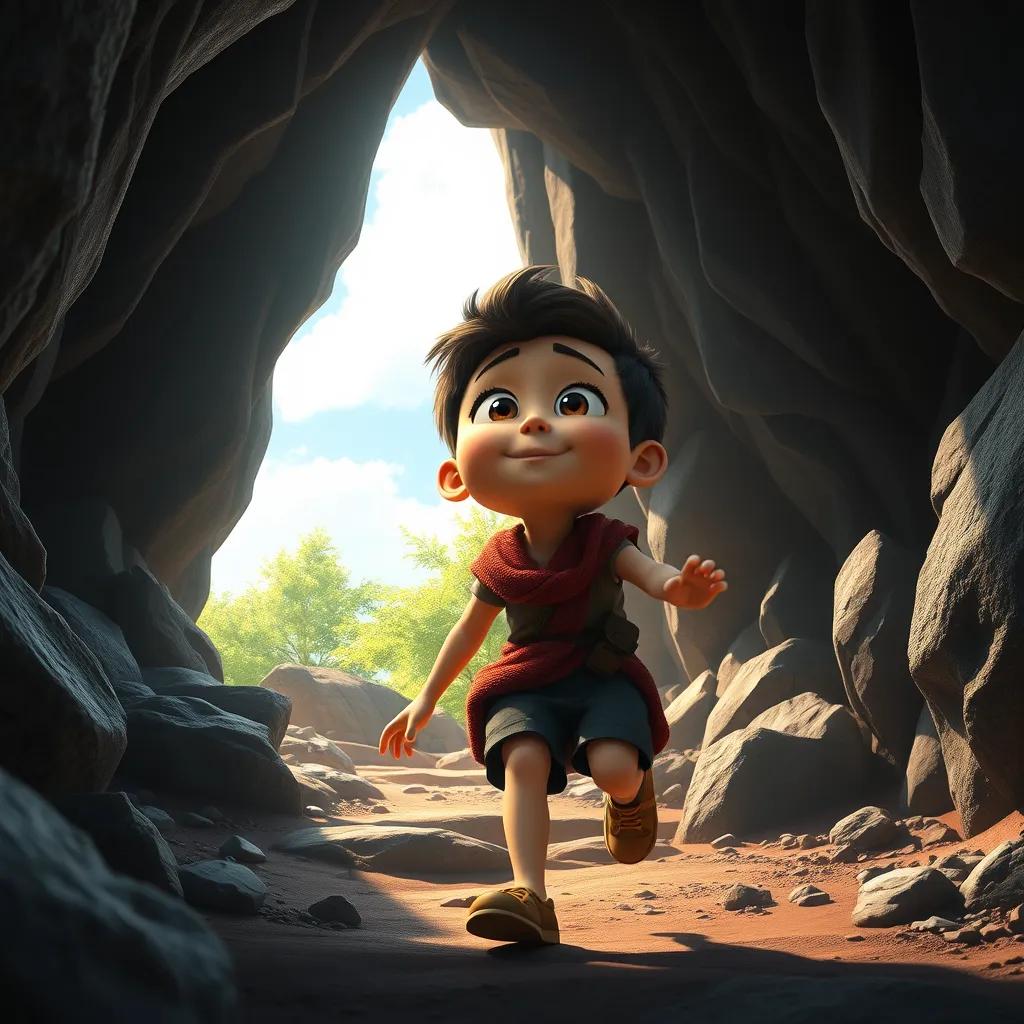 A young believer stepping outside the cave into a bright new world, green trees and blue sky visible, eyes wide open in astonishment, digital art, vibrant colors, uplifting mood, high quality