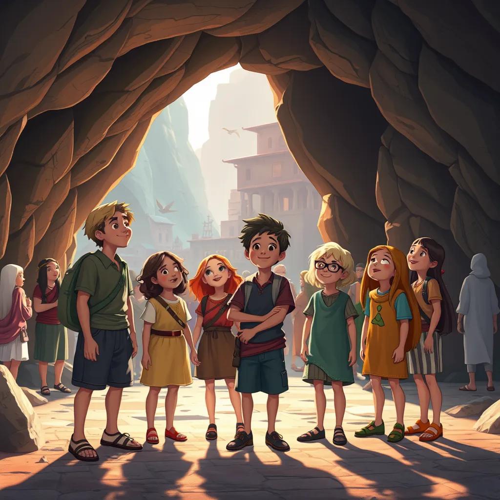 A group of young believers standing together outside the cave, amazed by the changes around them, people and buildings in the background, digital illustration, lively, joyous scene, high quality