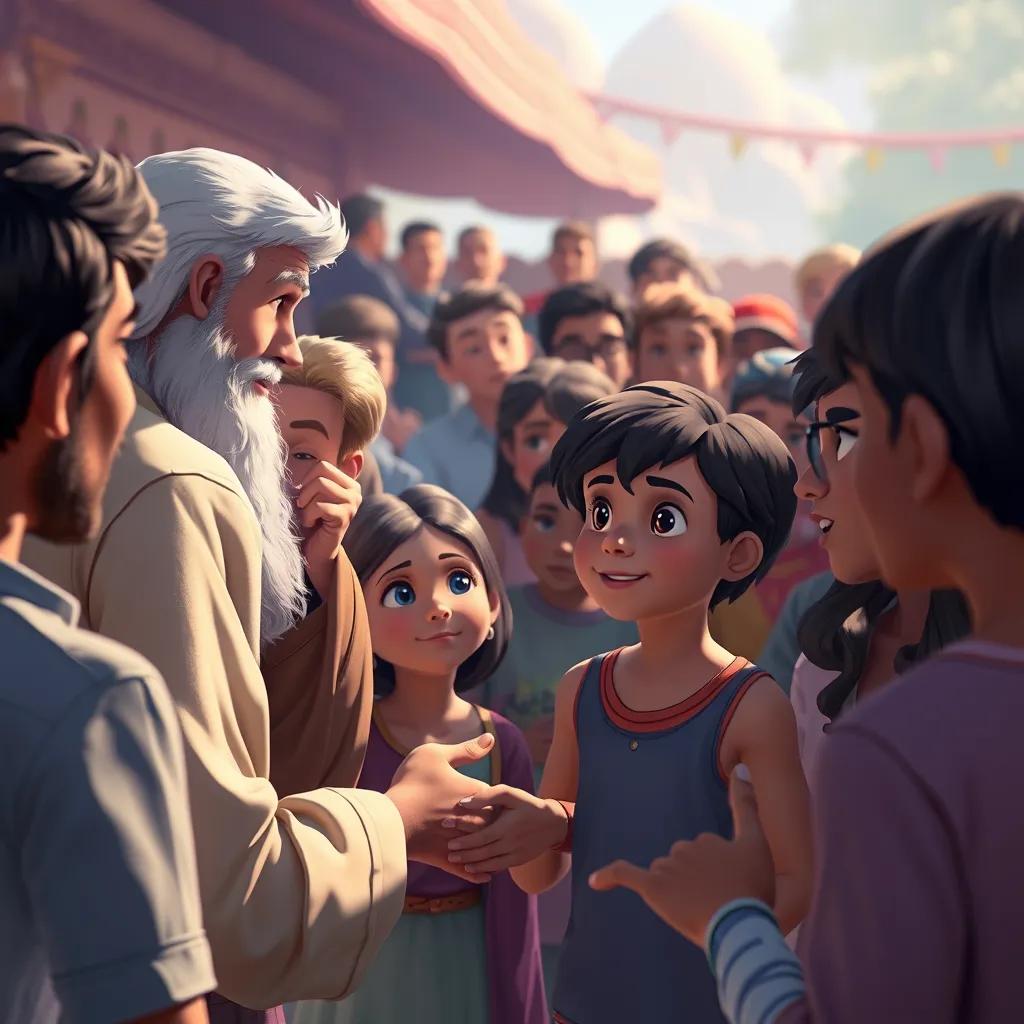 A crowd of people gathered around the young believers, listening to their story, expressions of awe and curiosity on their faces, colorful and welcoming scene, digital painting, rich colors, narrative quality, high quality