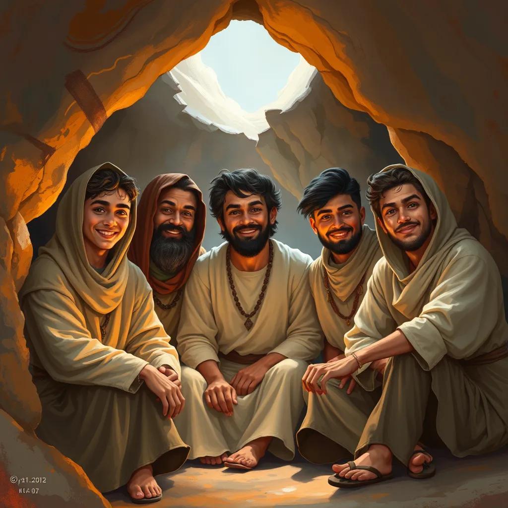 A group of young men, Kahiays, Marshih, Nefdith, and Yadbar, with bright smiles, wearing simple traditional clothes, sitting together in a cave, peaceful and serene atmosphere, digital art, warm colors, inviting lights, high quality
