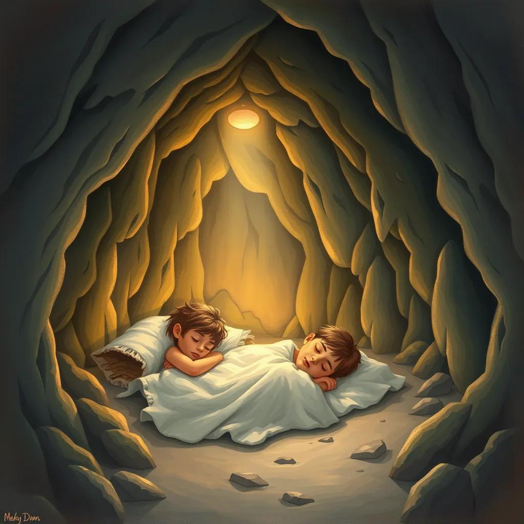 The cave with stalactites and soft lighting, showing the young men sleeping peacefully inside, surrounded by a magical aura of tranquility, illustration, dream-like quality, soft glow, child-friendly