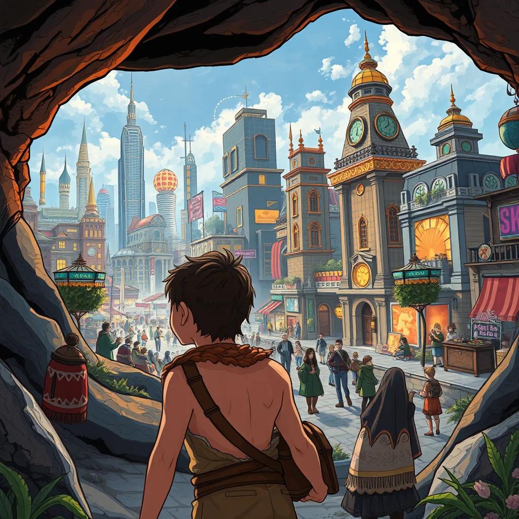 The moment one of the young men, Kahiays, carefully heading out of the cave, looking surprised at a bustling, modern city with strange buildings and people, illustration, vibrant colors, adventurous perspective, heartwarming