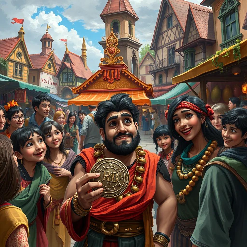 The town square filled with curious people looking at Kahiays, who holds an ancient coin looking puzzled, with a colorful market backdrop and joyful expressions, digital art, lively atmosphere, rich details, engaging