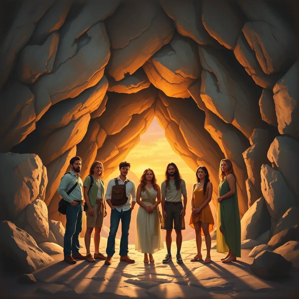 The group of friends standing proudly in front of the cave entrance, ready to share their story of faith and hope with the world, warm sunset lighting, inspiring scene, uplifting, high quality
