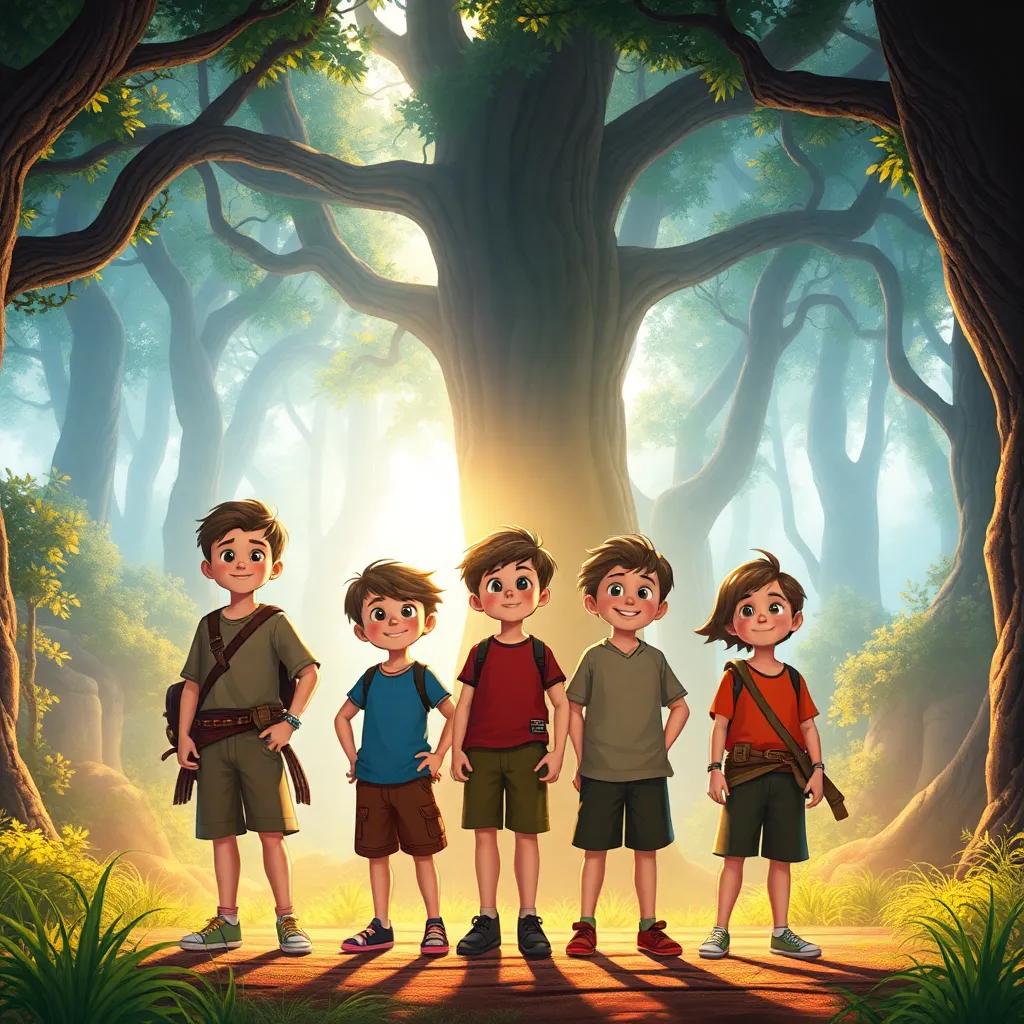 A group of young boys, brave and hopeful, standing together in an ancient forest, with the sun shining through the trees, magical light, vibrant background, children-friendly, digital art, vibrant colors, warm atmosphere