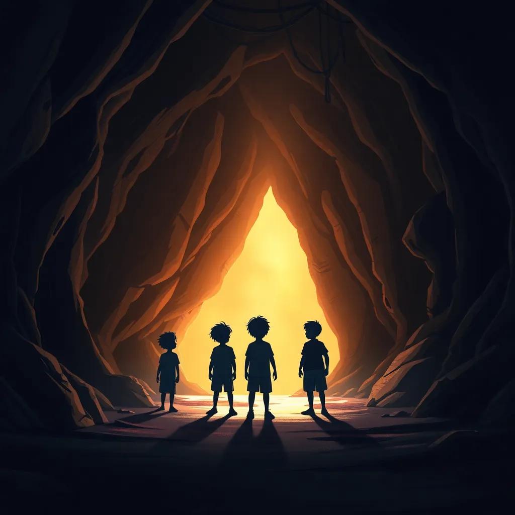 A deep and dark cave with silhouettes of the boys inside, light shining from the entrance, creating a mysterious and inviting aura, fantasy illustration, magical atmosphere, inviting and warm