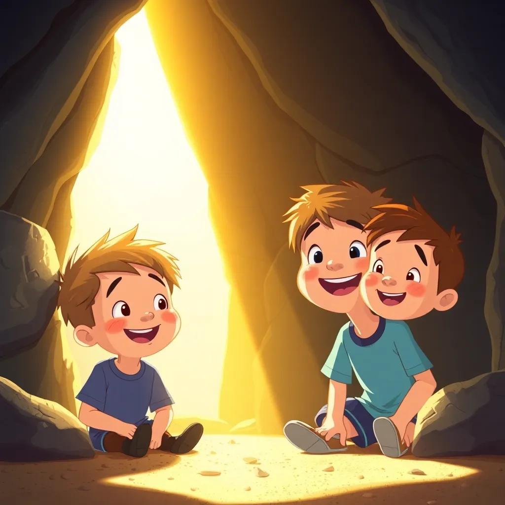 Sunlight pouring into the cave as the boys wake up, their expressions of happiness and wonder, soft golden light illuminating their faces, cheerful illustration, bright colors, children-friendly