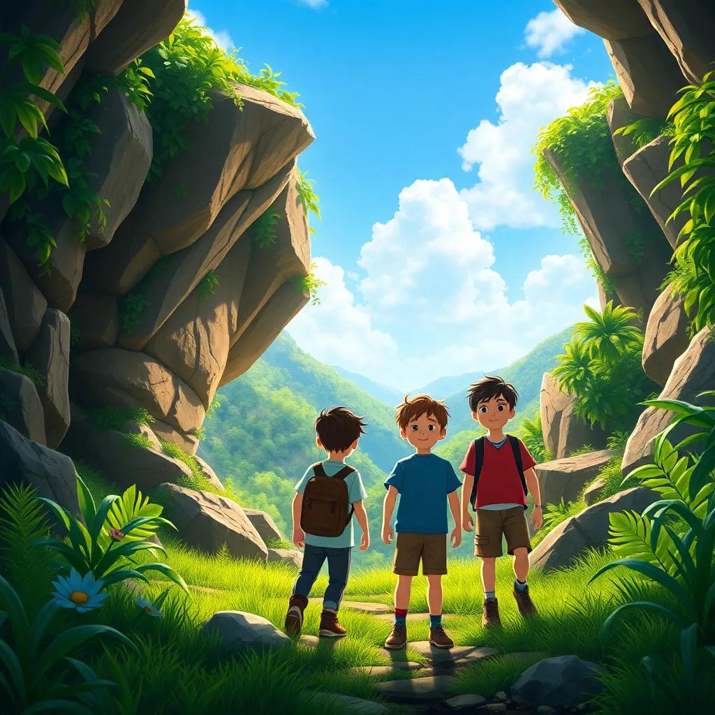 The boys stepping out of the cave into a beautiful new world, lush greenery and a bright blue sky, joyful adventure atmosphere, vibrant colors, magical scenery
