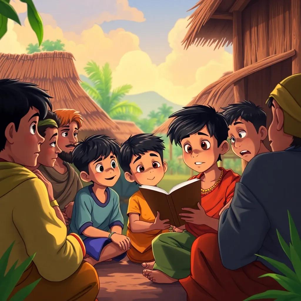 A village scene where the boys share their story, with villagers listening intently, expressions of amazement and curiosity on their faces, colorful illustration, warm and inviting