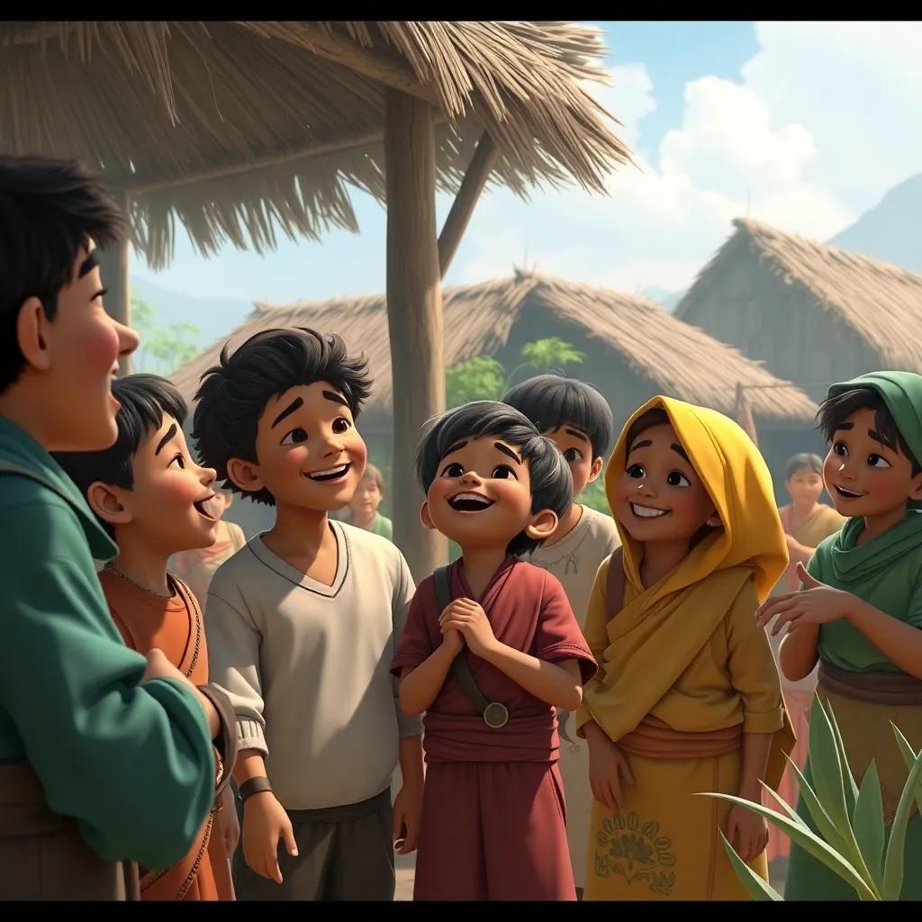 The villagers showing admiration and joy as they engage with the boys, creating a sense of community and togetherness, heartwarming and uplifting