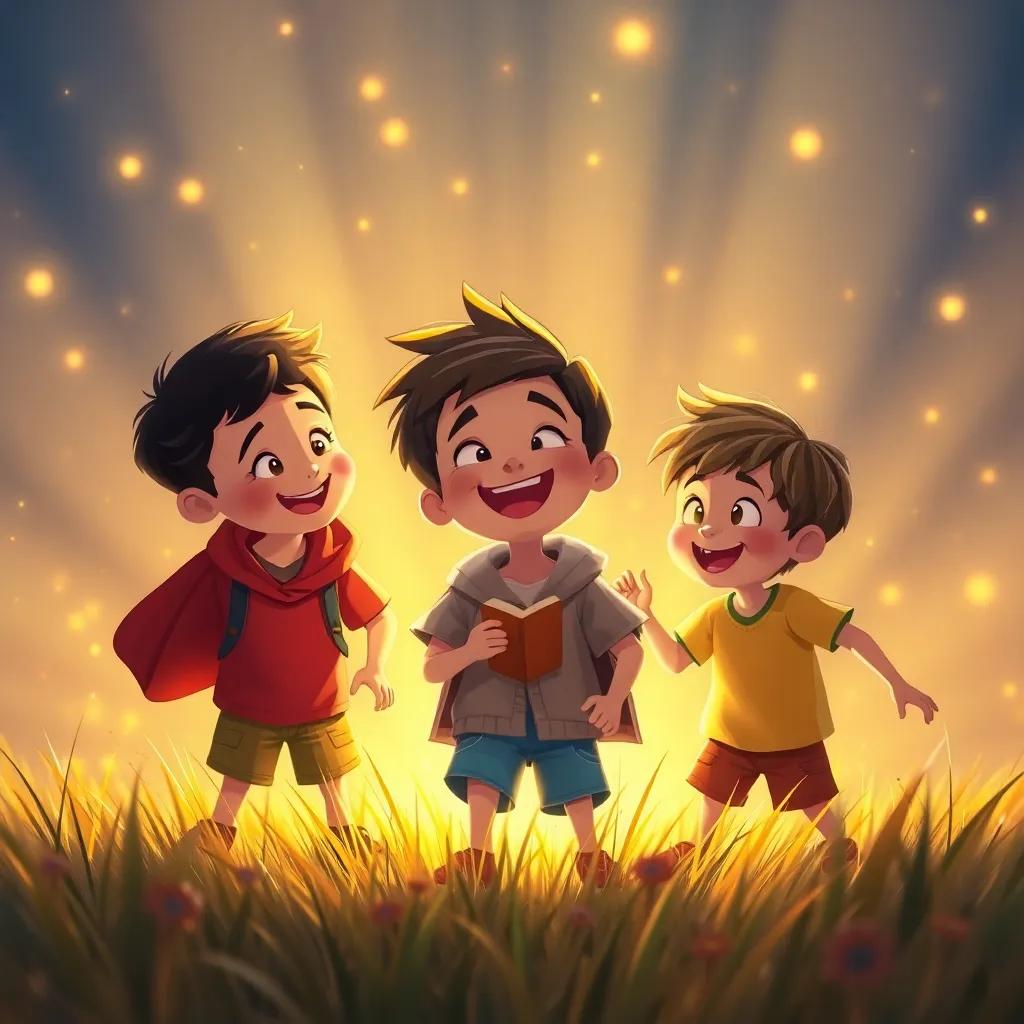 The boys surrounded by light as they inspire others with their story, children playing and smiling, joyful spirit, digital art, colorful