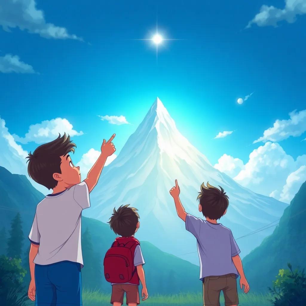 A shining mountain in the background with the boys pointing towards it, signifying hope and aspiration, magical illustration, bright atmosphere
