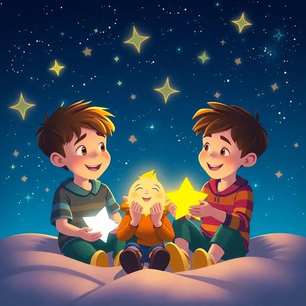 The boys sharing dreams under a starlit night, filled with light and hope, whimsical and comforting, colorful and bright