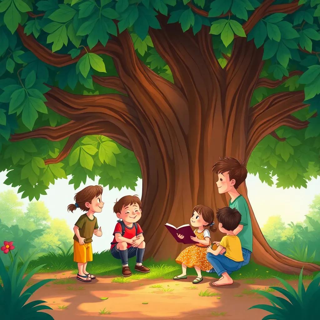 A group of children learning from the boys under a big tree, with a sense of unity and sharing, warmth and happiness, vibrant colors, digital art