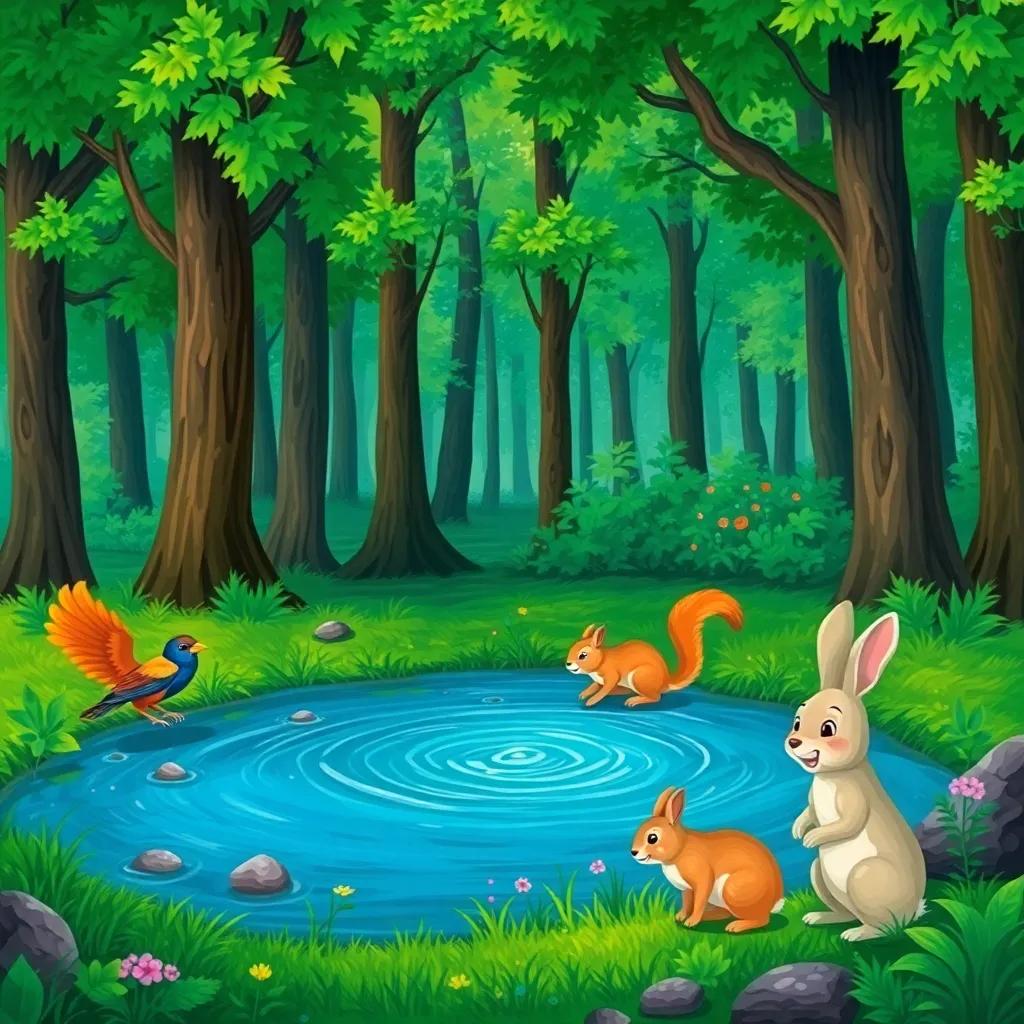 A lush green forest with tall trees, a bird, a squirrel, and a rabbit gathered around a pond, playing in the water, joyful atmosphere, vibrant colors, digital art, cheerful scene, child-friendly