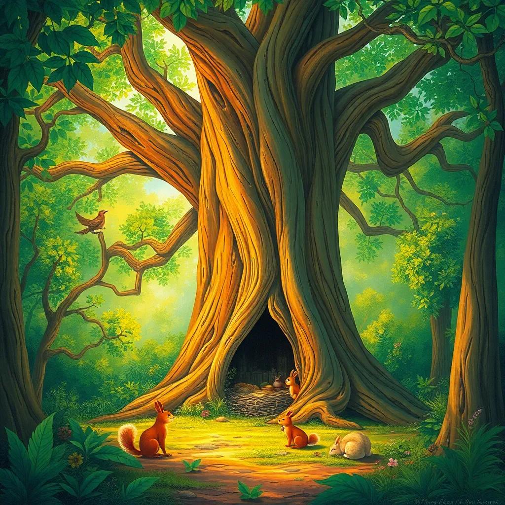 A large ancient tree in the lush forest, with a bird, a squirrel, and a rabbit exploring around it, a cozy nest in the tree, bright sunlight filtering through the leaves, whimsical illustration, inviting feeling