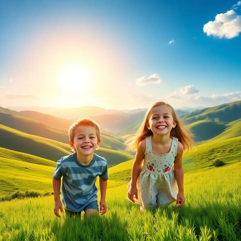 A beautiful valley with green hills, two children, a boy and a girl, smiling and playing. The sun is shining brightly, creating a cheerful atmosphere, digital art, vibrant colors, friendly vibe, high quality