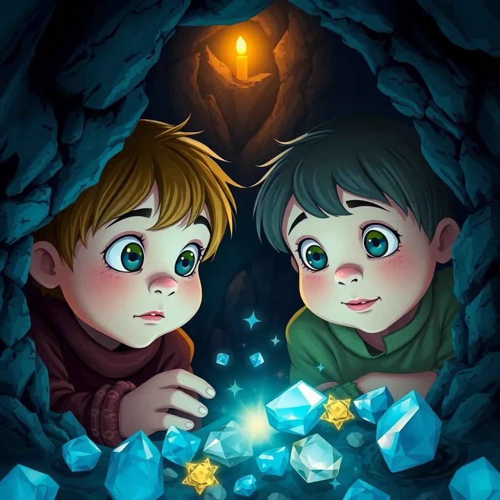 Inside a dark cave, two children, with wide eyes, looking at sparkling jewels. The cave is mysterious, illuminated by flickering candlelight, creating a magical glow, detailed illustration, rich textures, child-friendly