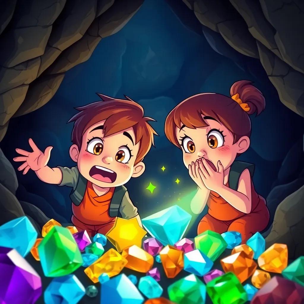 Two children discovering jewels in the cave, amazed and excited. One child is gesturing towards the jewels, while the other covers her mouth in surprise, colorful, dynamic, playful perspective, cartoon style