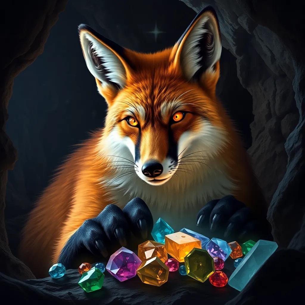 An enormous fox with sparkling eyes guarding the jewels, looking stern but wise. The cave's walls are rugged and shadows dance, adding to the suspense, enchanting art, dramatic lighting, high quality