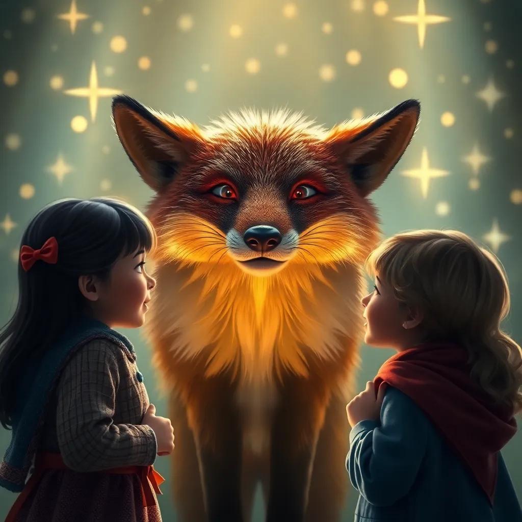The children respectfully facing the fox, showing courage and respect. The atmosphere is tense, yet hopeful, with sparkling jewels in the background, storybook style, bright expressions, engaging composition