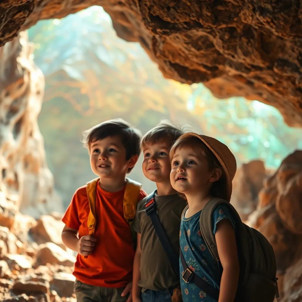 The children exploring the cave together, looking around in awe, while wearing adventurous expressions. The cave is brimming with colors and light reflections, vibrant, inviting scene, detailed art