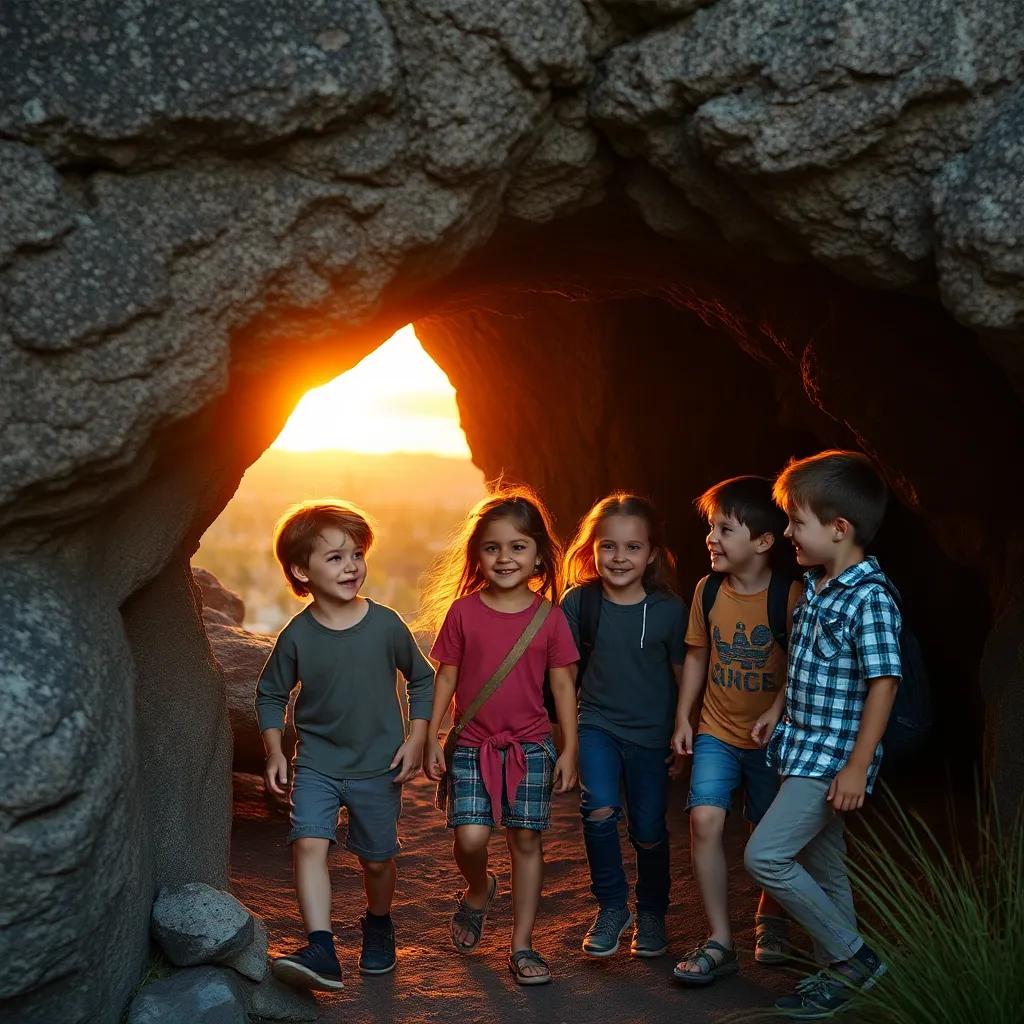 The children leaving the cave with smiles, chatting happily about their adventure. The sunset in the background adds warmth and excitement, charming scene, cozy colors, high quality