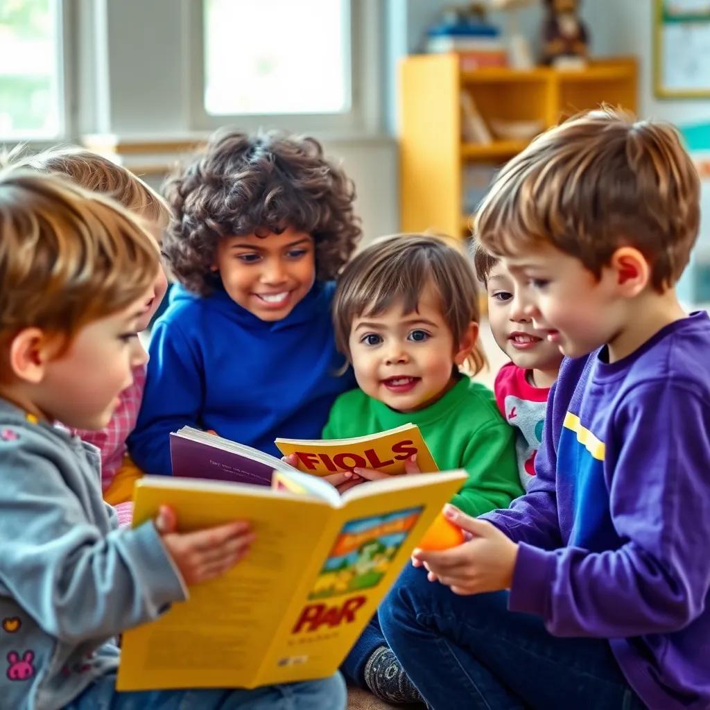 The children sharing their stories with friends, animatedly talking and gesturing. Their friends are listening with wide eyes, cheerful setting, colorful depiction, engaging composition