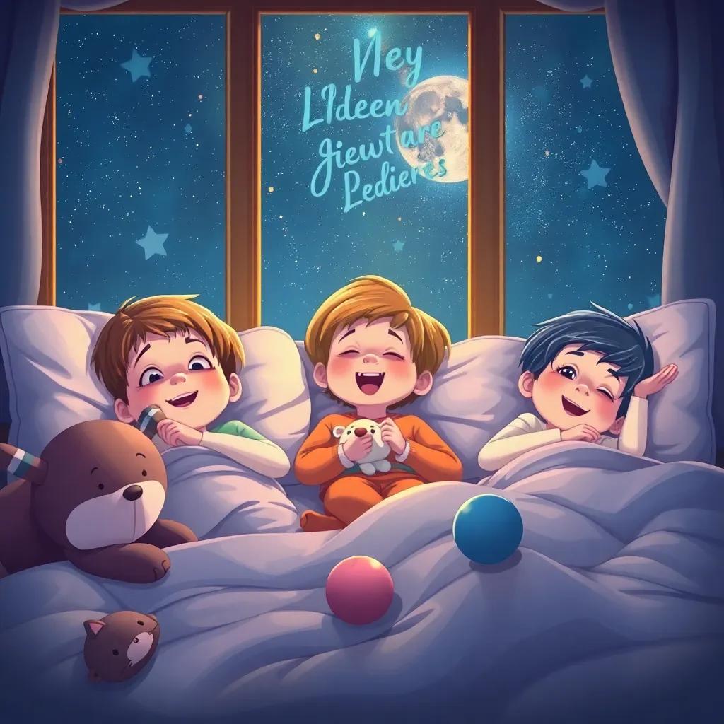 The children dreaming about new adventures, excited expressions as they lie in bed, surrounded by soft toys. The night sky is visible through the window, soothing colors, heartwarming scene, detailed illustration