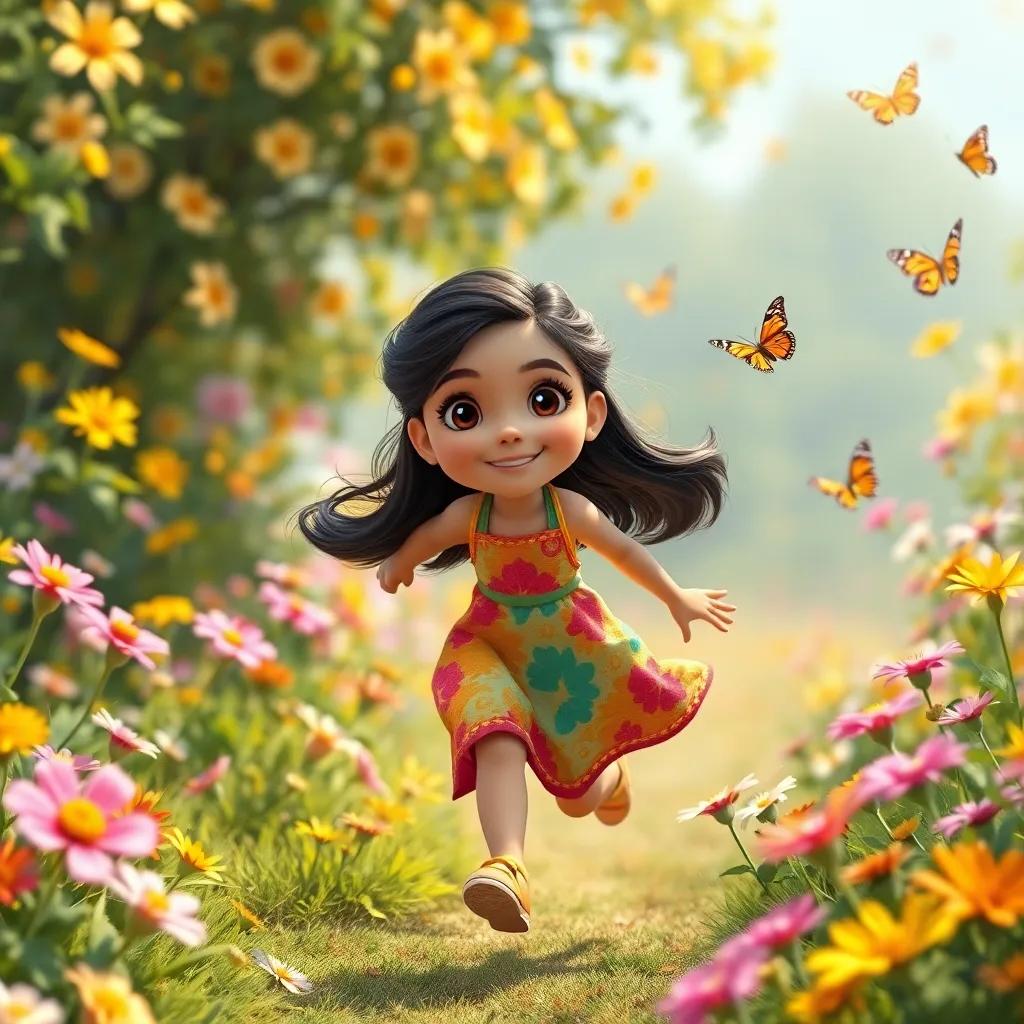 A young Arab girl, Layla, with long, dark hair, wearing a colorful dress, running with joy in a vibrant flower garden full of colorful flowers and fluttering butterflies, bright sunlight, cheerful atmosphere, digital art, detailed, vibrant colors, joyful vibe, high quality