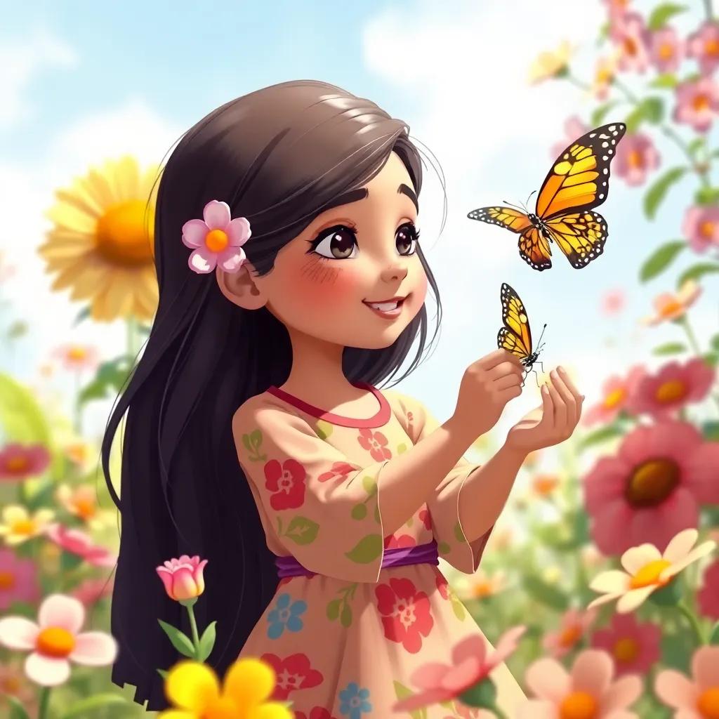 Layla, a young Arab girl, with long, dark hair in a colorful dress, playing with a beautiful butterfly, surrounded by blooming flowers, bright sunny day, illustration, lively and inviting, child-friendly, whimsical scene, high quality