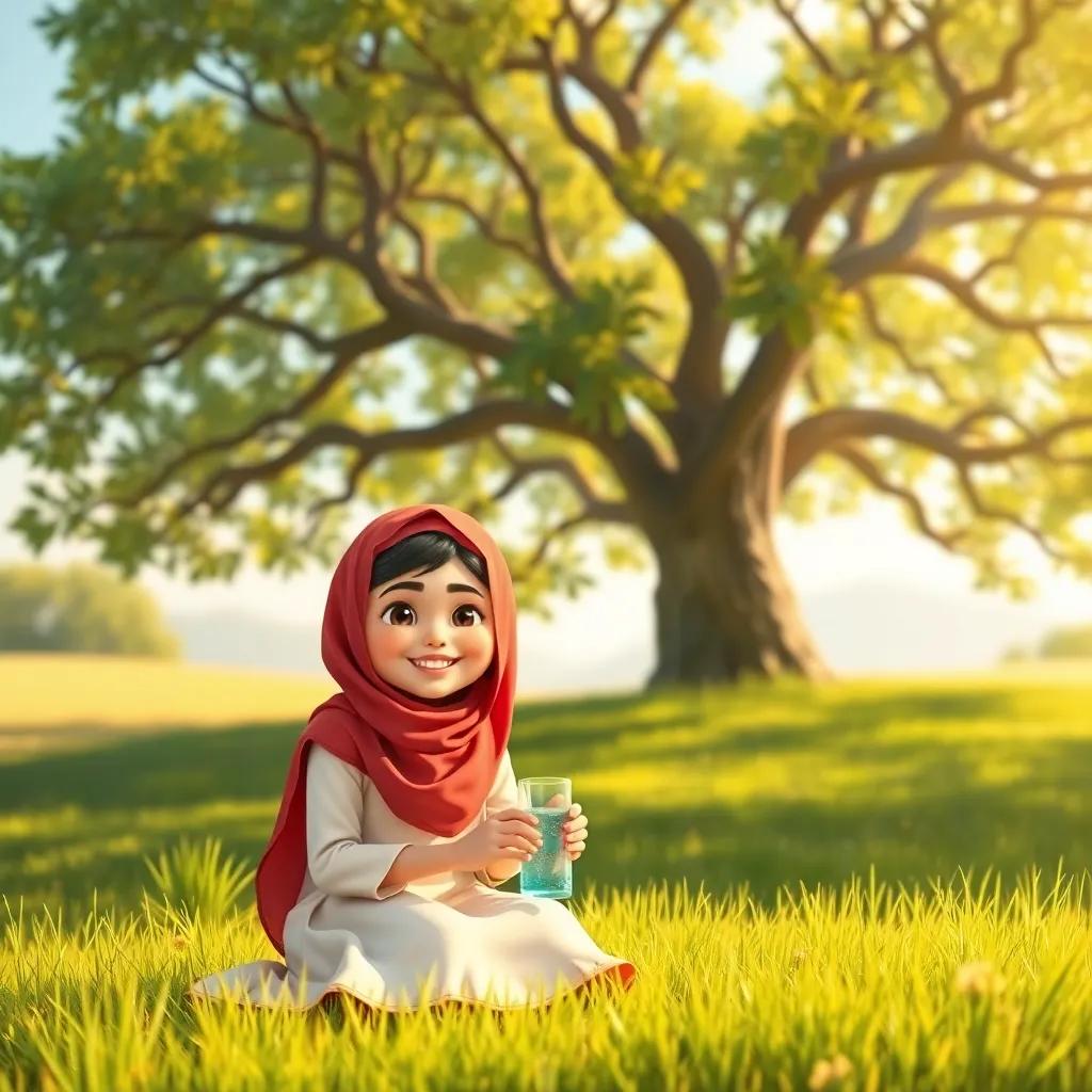 A sunny morning with a large tree in the background, a young Arab girl, Sarah, sitting on the grass near her mother, both smiling, holding water, cheerful atmosphere, digital art, warm colors, inviting view, high quality