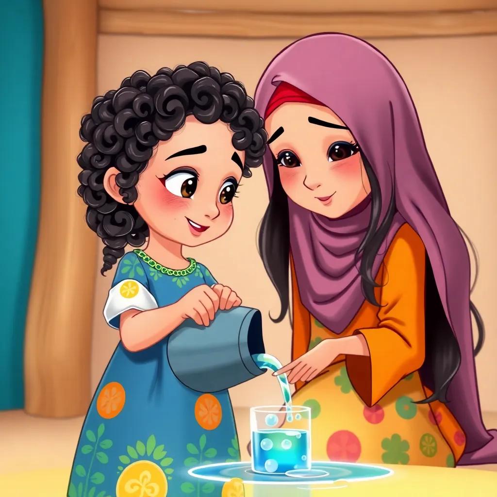 A young Arab girl, Sarah, with curly black hair, wearing a colorful dress, and her mother, with long dark hair in a hijab, pouring water from a small container, soft light, child-friendly, heartwarming scene, detailed illustration, high quality