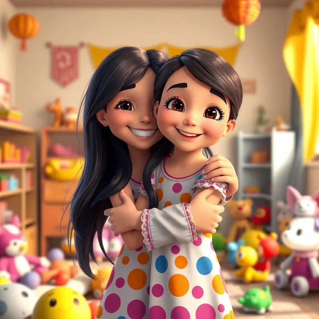 A cheerful young girl, Mimi, with long, dark hair, wearing a colorful dress, smiling while hugging her mother in a bright room full of toys, cute and lively atmosphere, digital art, vibrant colors, warm light, welcoming scene, high quality