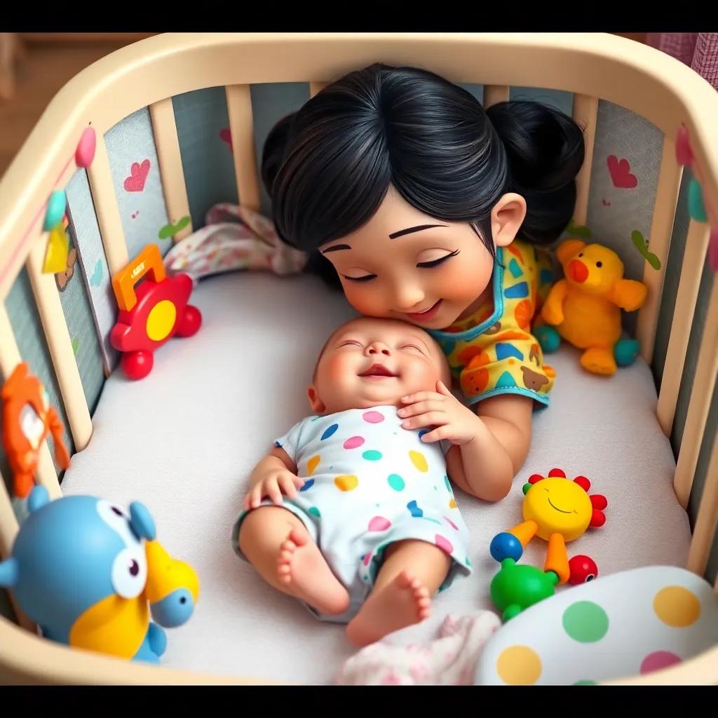 A tiny baby boy lying in a decorated crib while Mimi, a cheerful young girl with long, dark hair wearing a colorful dress, gently touches him, surrounded by colorful baby toys and soft blankets, heartwarming, playful atmosphere, soft focus, child-friendly