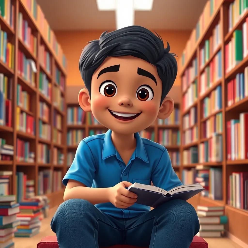 A happy young Arab boy, Sami, with short black hair, wearing a blue shirt and jeans, sitting in a school library filled with books, looking excited, digital art, colorful, inviting atmosphere, high quality