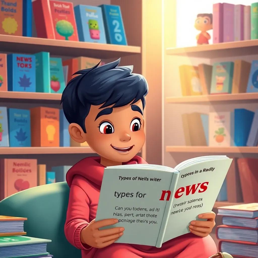 Sami reading a colorful book about types of news in simple sentences, surrounded by bookshelves with various educational materials, cheerful colors, warm light, detailed illustration, child-friendly