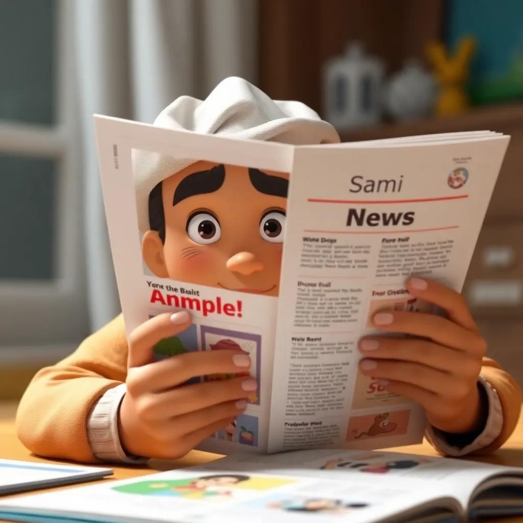 Sami flipping through a page that shows an example of a simple news, with illustrations and colorful text, focused and curious expression, bright and animated style, engaging atmosphere, high quality