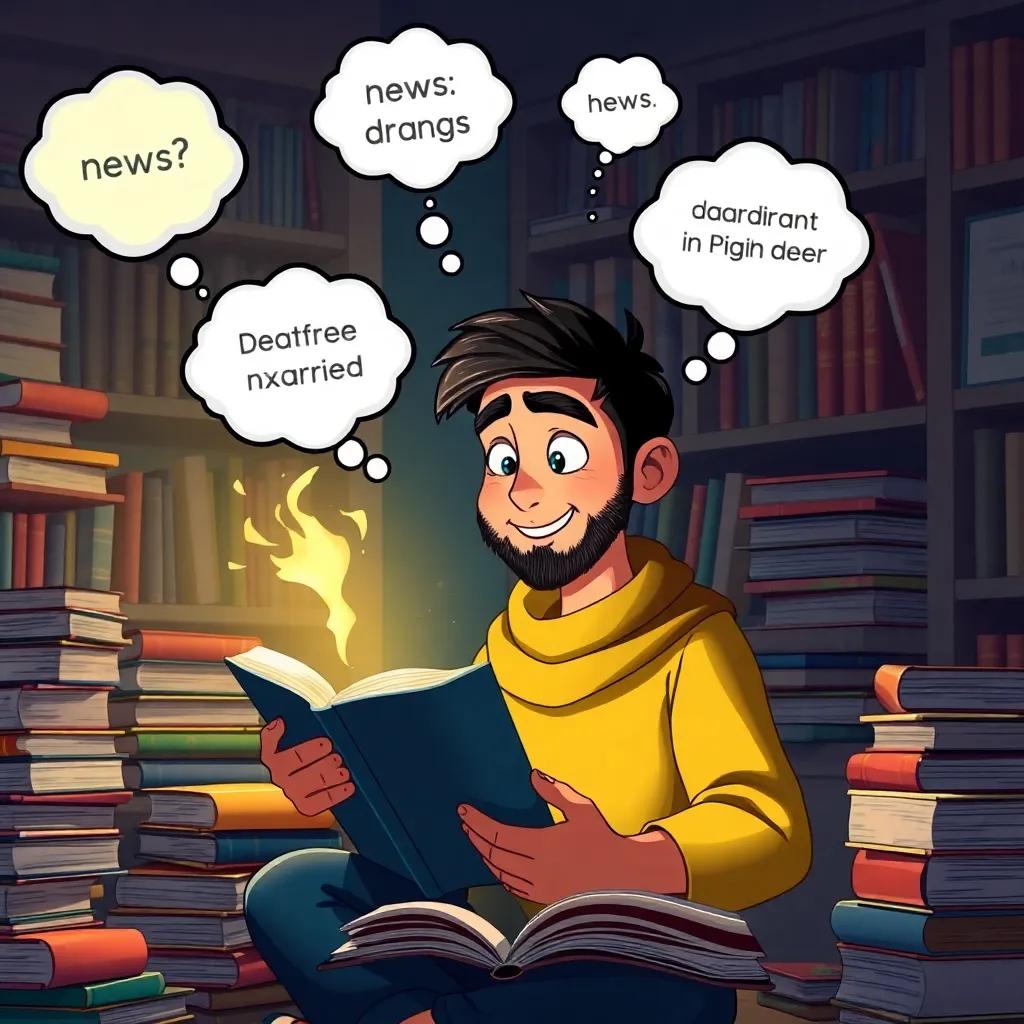 Sami reading with a spark of inspiration, many books around him, thought bubbles illustrating examples of news types floating above his head, imaginative scene, digital painting, cheerful, vibrant colors