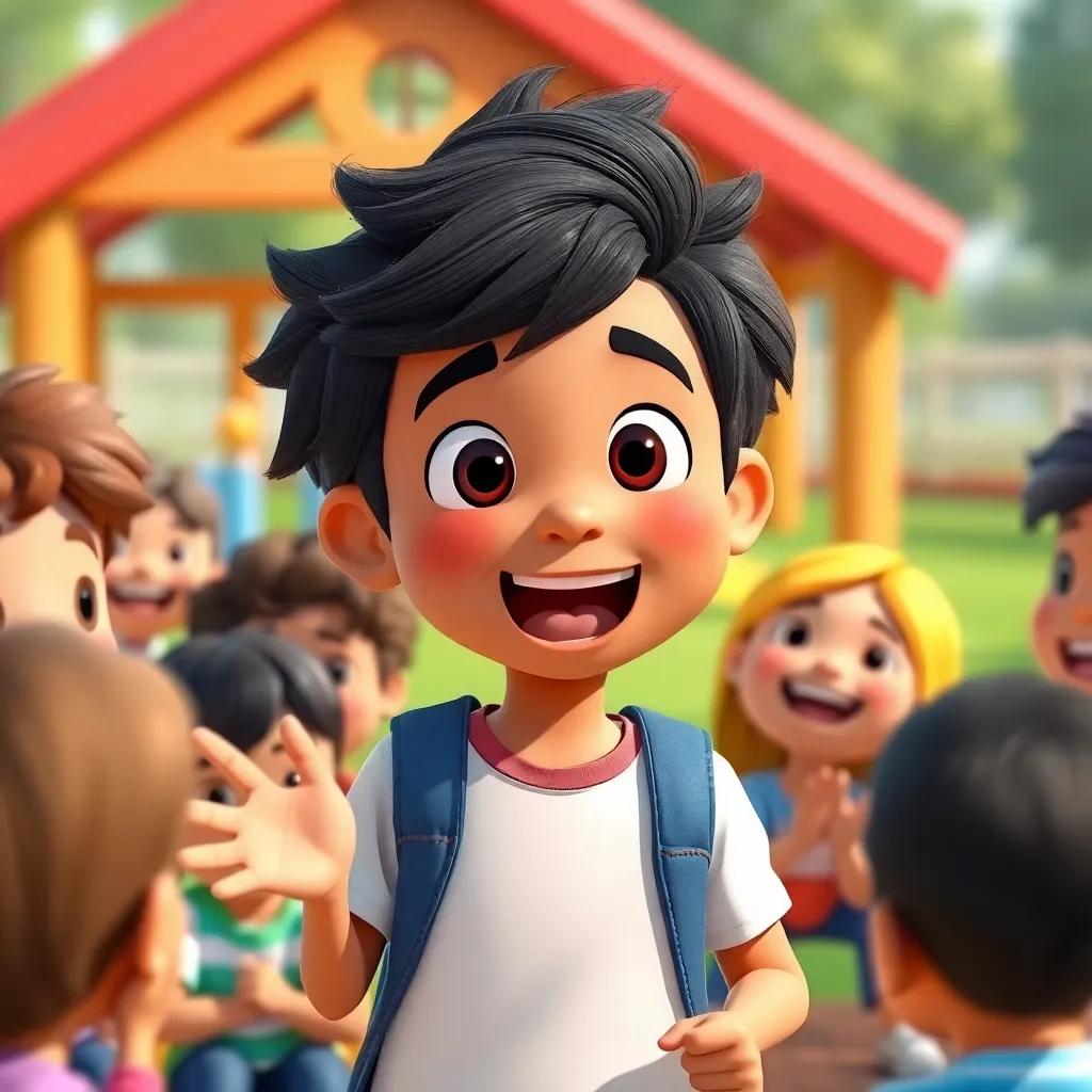 Sami excitedly explaining news types to his friends in the playground, surrounded by cheerful friends all with smiley faces, enjoying the lesson, colorful and lively, digital art, high quality