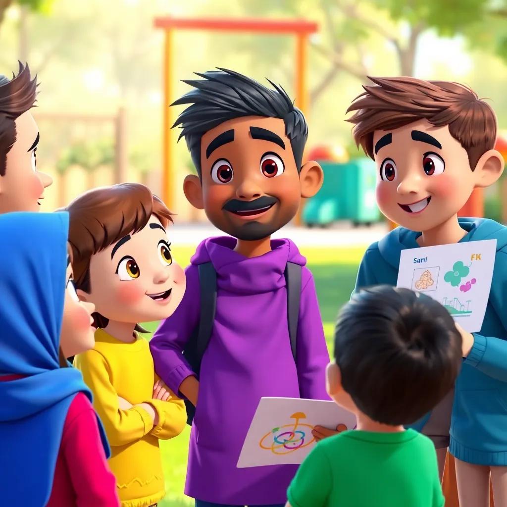 Sami's friends listening attentively with curious expressions, showing interest, while Sami demonstrates with colorful diagrams, sunny playground background, cheerful and vibrant colors, child-friendly